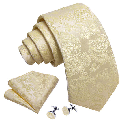 Cream Yellow Paisley XL Tie, Pocket Square and Cufflinks tie sets    - Sophisticated Gentlemen