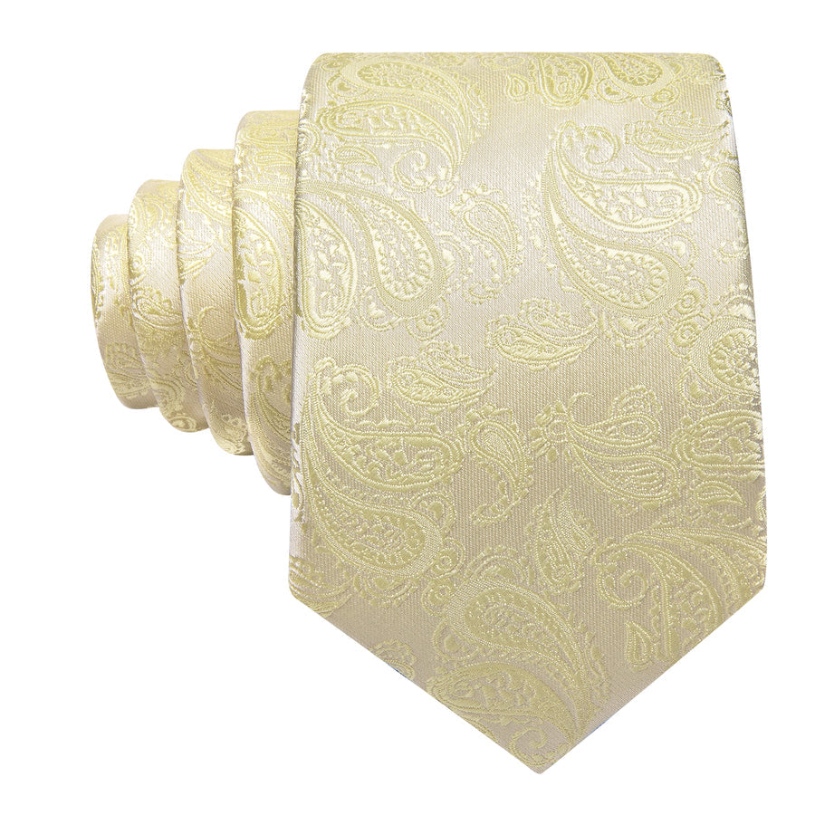 Cream Yellow Paisley XL Tie, Pocket Square and Cufflinks tie sets    - Sophisticated Gentlemen