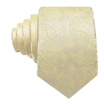 Cream Yellow Paisley XL Tie, Pocket Square and Cufflinks tie sets    - Sophisticated Gentlemen