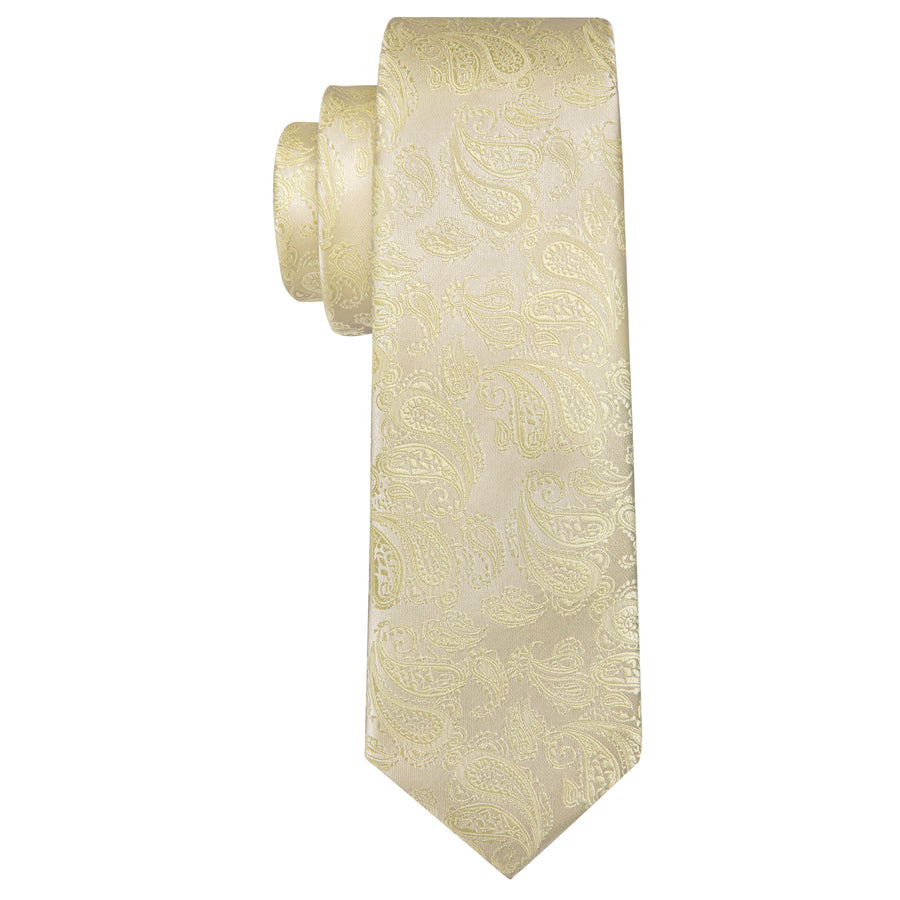 Cream Yellow Paisley XL Tie, Pocket Square and Cufflinks tie sets    - Sophisticated Gentlemen