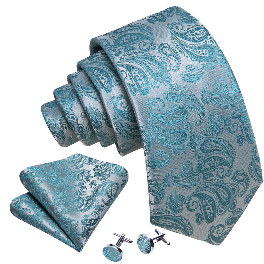 Seafoam Blue Paisley XL Tie, Pocket Square and Cufflinks tie sets    - Sophisticated Gentlemen