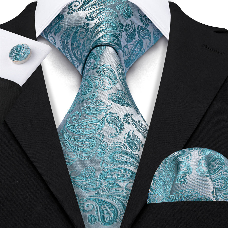 Seafoam Blue Paisley XL Tie, Pocket Square and Cufflinks tie sets    - Sophisticated Gentlemen