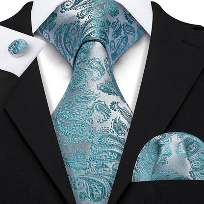 Seafoam Blue Paisley XL Tie, Pocket Square and Cufflinks tie sets    - Sophisticated Gentlemen