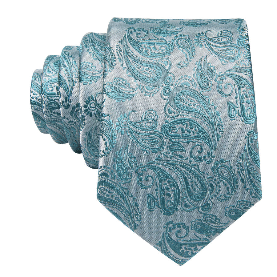 Seafoam Blue Paisley XL Tie, Pocket Square and Cufflinks tie sets    - Sophisticated Gentlemen
