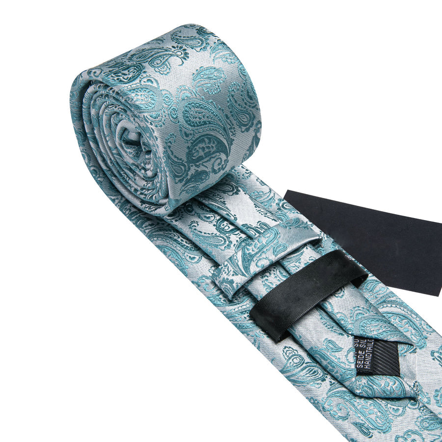 Seafoam Blue Paisley XL Tie, Pocket Square and Cufflinks tie sets    - Sophisticated Gentlemen