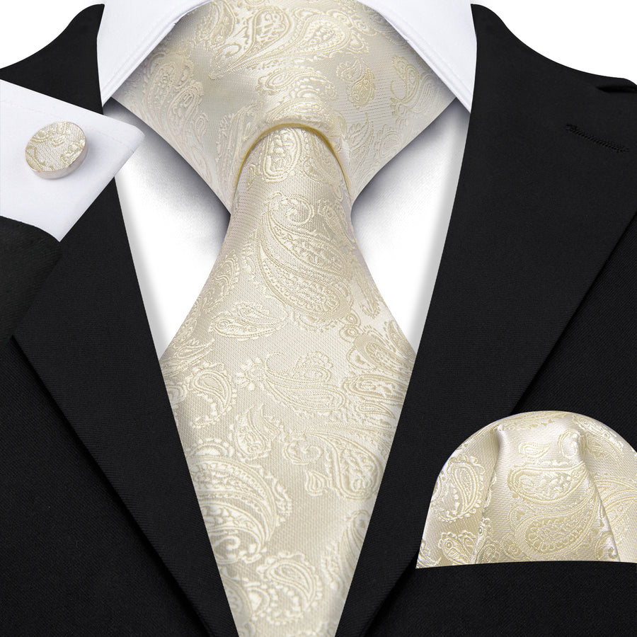 Ivory Paisley XL Tie, Pocket Square and Cufflinks tie sets    - Sophisticated Gentlemen