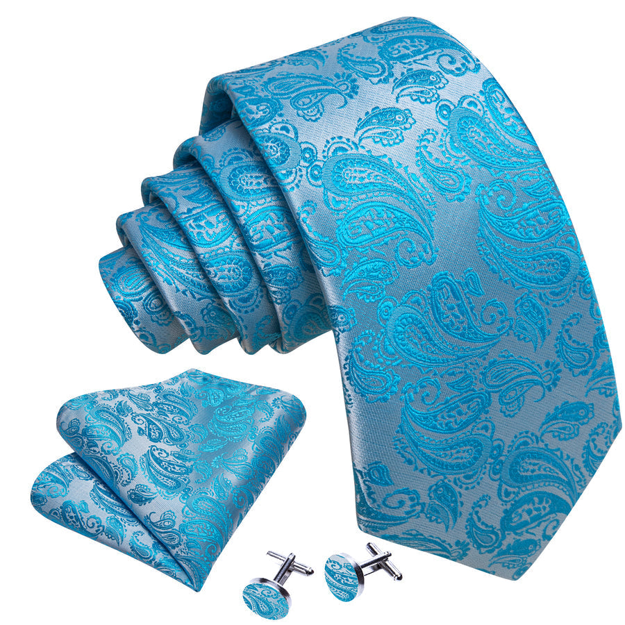 Sky Blue Paisley XL Tie, Pocket Square and Cufflinks tie sets    - Sophisticated Gentlemen