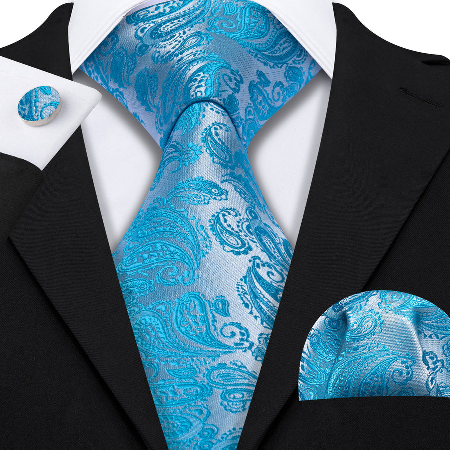 Sky Blue Paisley XL Tie, Pocket Square and Cufflinks tie sets    - Sophisticated Gentlemen