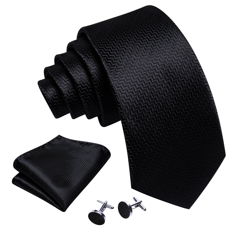 Pure Black Ornament XL Tie, Pocket Square and Cufflinks tie sets    - Sophisticated Gentlemen