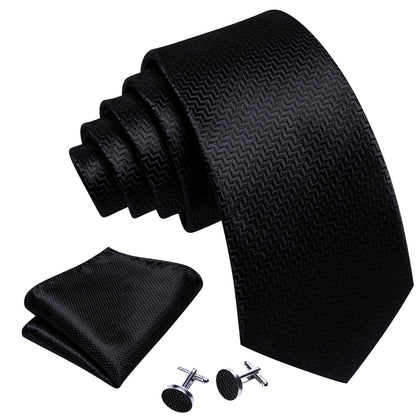 Pure Black Ornament XL Tie, Pocket Square and Cufflinks tie sets    - Sophisticated Gentlemen