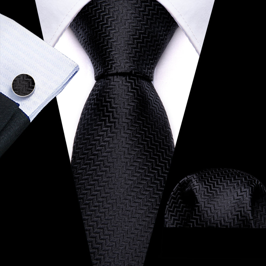 Pure Black Ornament XL Tie, Pocket Square and Cufflinks tie sets    - Sophisticated Gentlemen