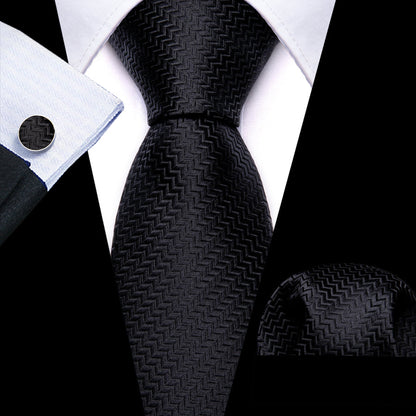 Pure Black Ornament XL Tie, Pocket Square and Cufflinks tie sets    - Sophisticated Gentlemen