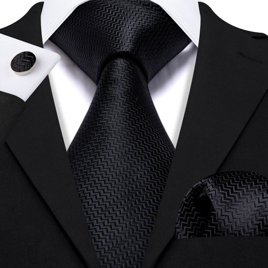 Pure Black Ornament XL Tie, Pocket Square and Cufflinks tie sets    - Sophisticated Gentlemen