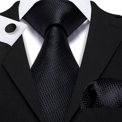 Pure Black Ornament XL Tie, Pocket Square and Cufflinks tie sets    - Sophisticated Gentlemen