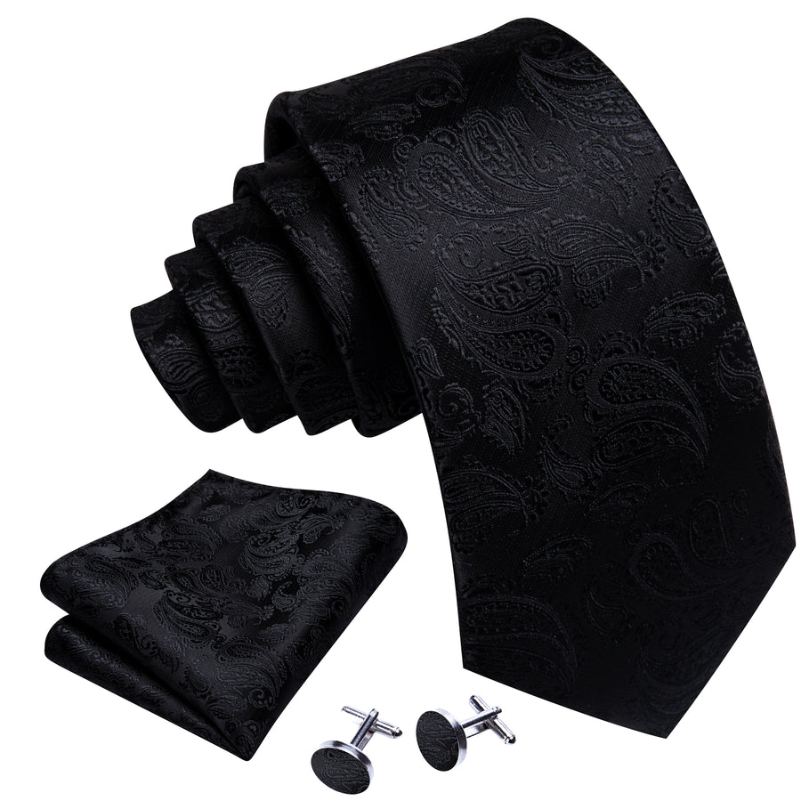 Black Paisley XL Tie, Pocket Square and Cufflinks tie sets    - Sophisticated Gentlemen