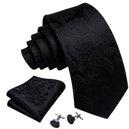 Black Paisley XL Tie, Pocket Square and Cufflinks tie sets    - Sophisticated Gentlemen