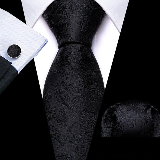 Black Paisley XL Tie, Pocket Square and Cufflinks tie sets    - Sophisticated Gentlemen