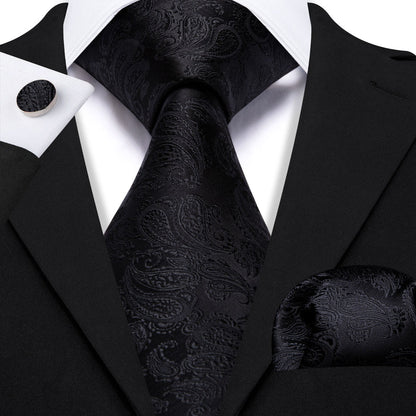 Black Paisley XL Tie, Pocket Square and Cufflinks tie sets    - Sophisticated Gentlemen