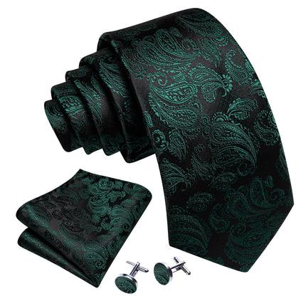 Black and Green Paisley XL Tie, Pocket Square and Cufflinks tie sets    - Sophisticated Gentlemen