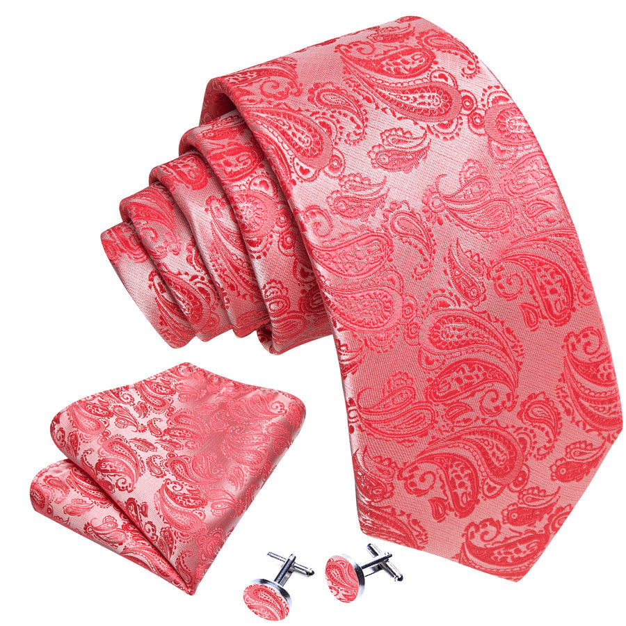 Coral and Red Paisley XL Tie, Pocket Square and Cufflinks tie sets    - Sophisticated Gentlemen