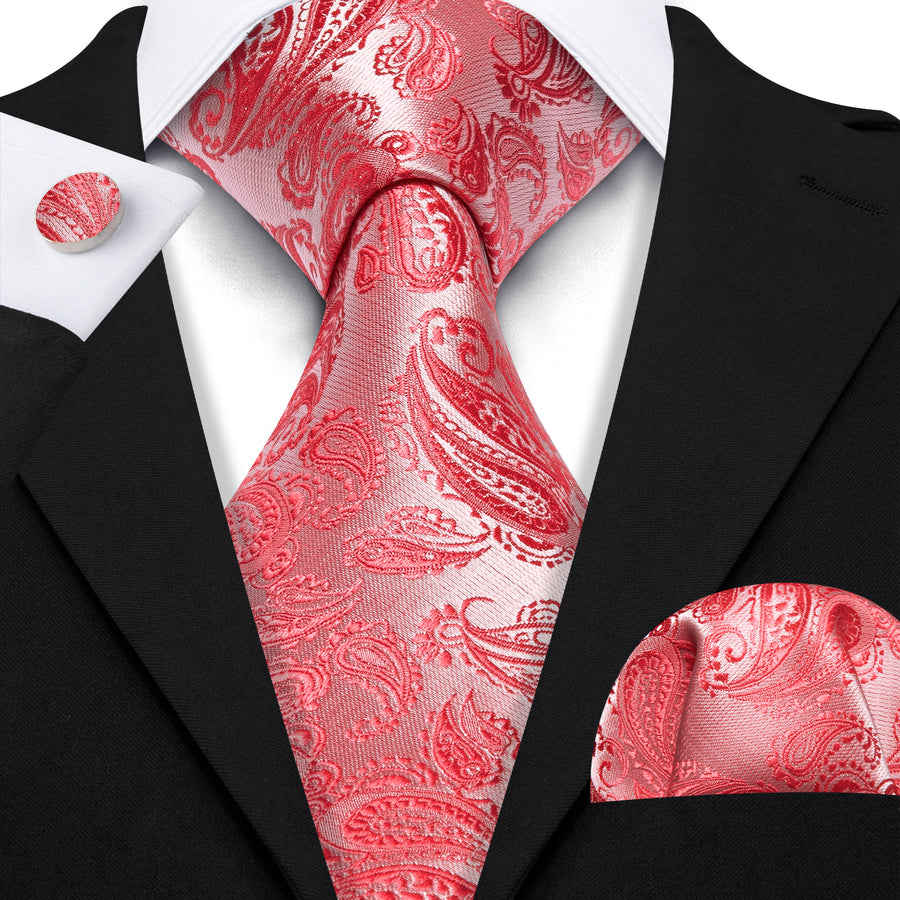 Coral and Red Paisley XL Tie, Pocket Square and Cufflinks tie sets    - Sophisticated Gentlemen