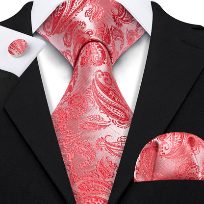 Coral and Red Paisley XL Tie, Pocket Square and Cufflinks tie sets    - Sophisticated Gentlemen