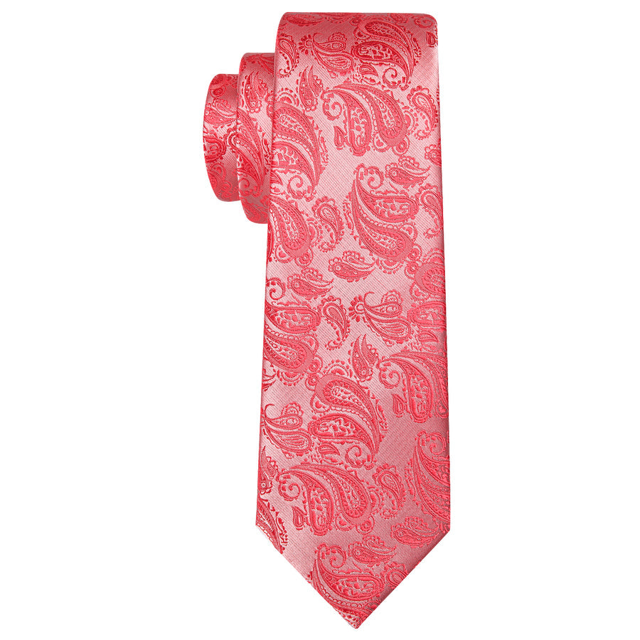 Coral and Red Paisley XL Tie, Pocket Square and Cufflinks tie sets    - Sophisticated Gentlemen