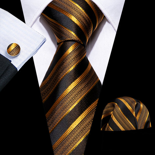 Black Gold Striped Silk Tie, Pocket Square and Cufflinks Set tie sets    - Sophisticated Gentlemen