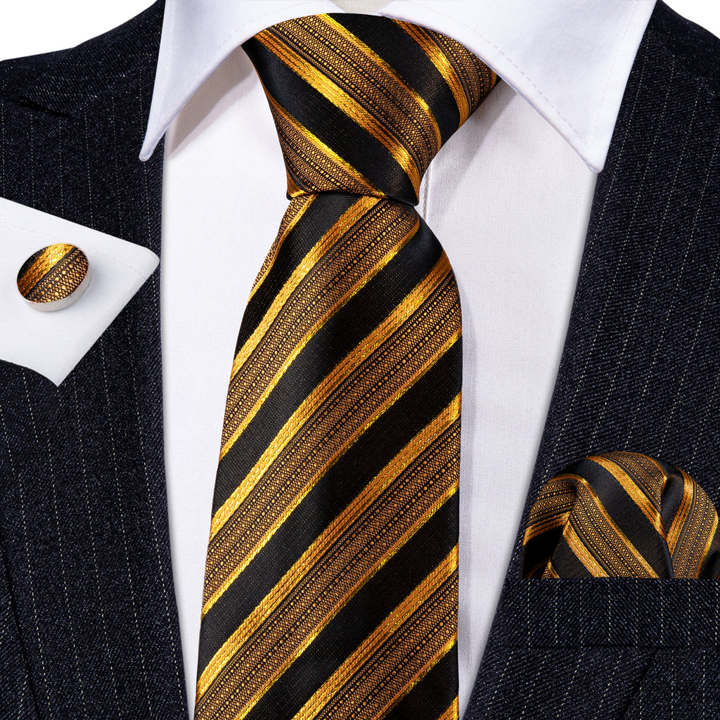 Black Gold Striped Silk Tie, Pocket Square and Cufflinks Set tie sets    - Sophisticated Gentlemen