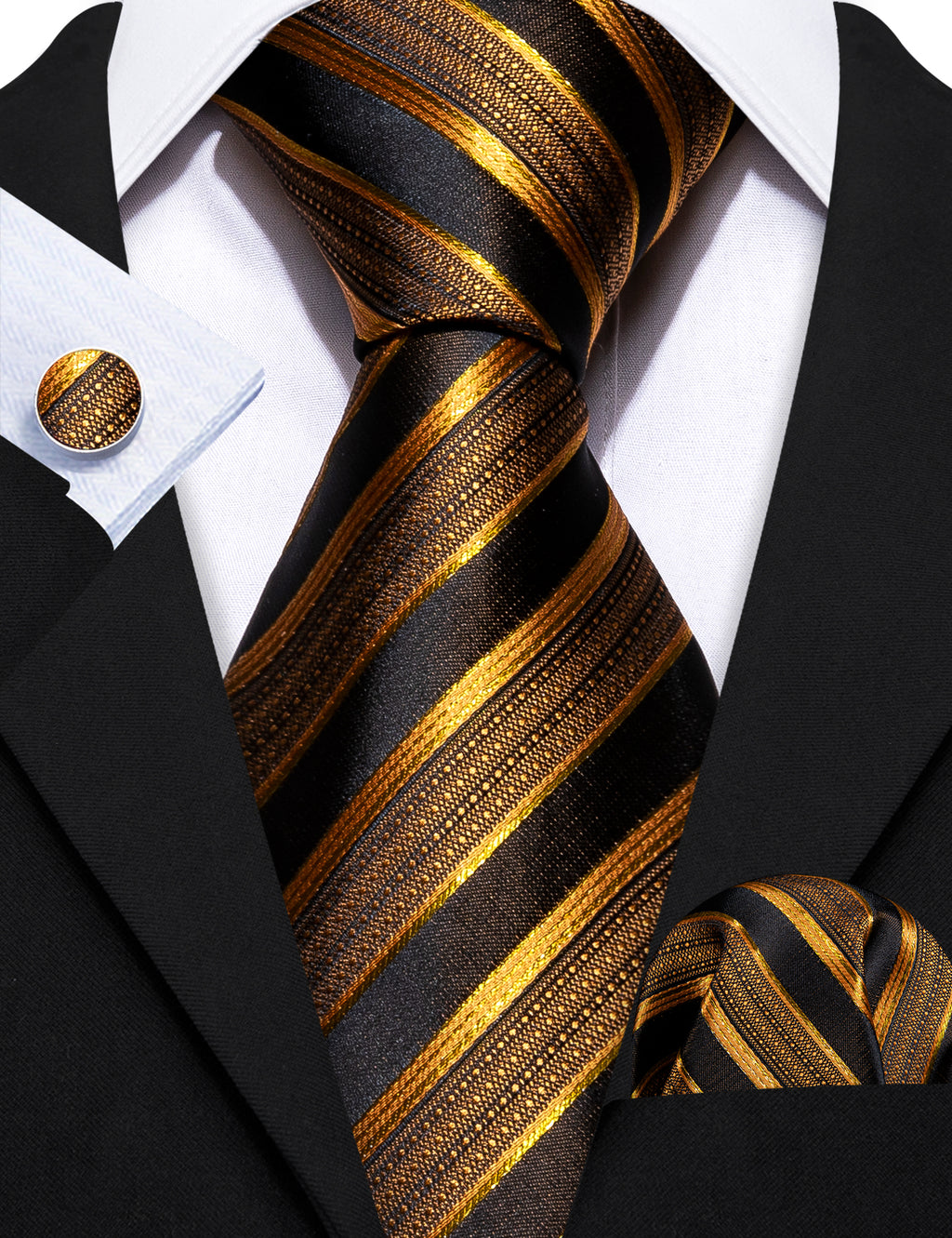 Black Gold Striped Silk Tie, Pocket Square and Cufflinks Set tie sets    - Sophisticated Gentlemen