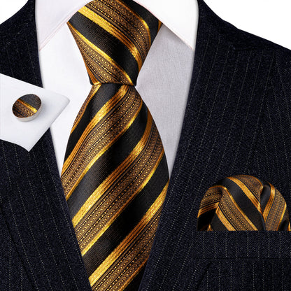 Black Gold Striped Silk Tie, Pocket Square and Cufflinks Set tie sets    - Sophisticated Gentlemen