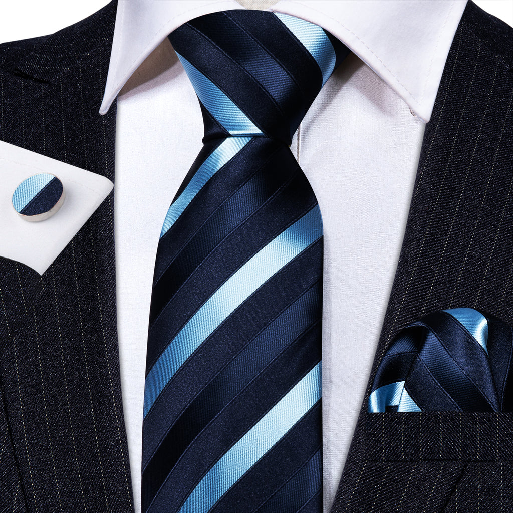 Blue Striped Silk Tie, Pocket Square and Cufflinks Set tie sets    - Sophisticated Gentlemen