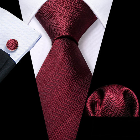 Burgundy Red Solid Ripples Silk Tie, Pocket Square and Cufflinks Set tie sets    - Sophisticated Gentlemen