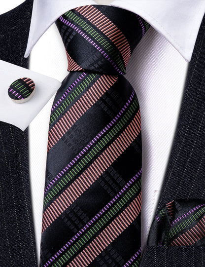 Bright Black Brown Striped Tie, Pocket Square and Cufflinks Set tie sets    - Sophisticated Gentlemen