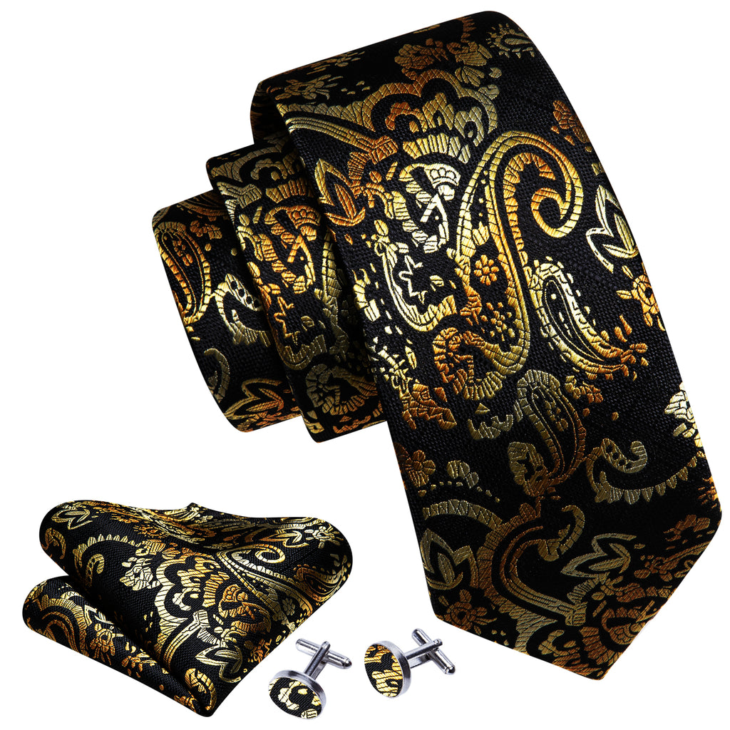 Black Gold Paisley Tie, Pocket Square and Cufflinks Set tie sets    - Sophisticated Gentlemen
