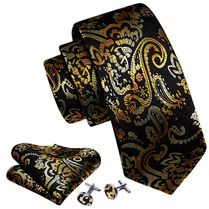 Black Gold Paisley Tie, Pocket Square and Cufflinks Set tie sets    - Sophisticated Gentlemen