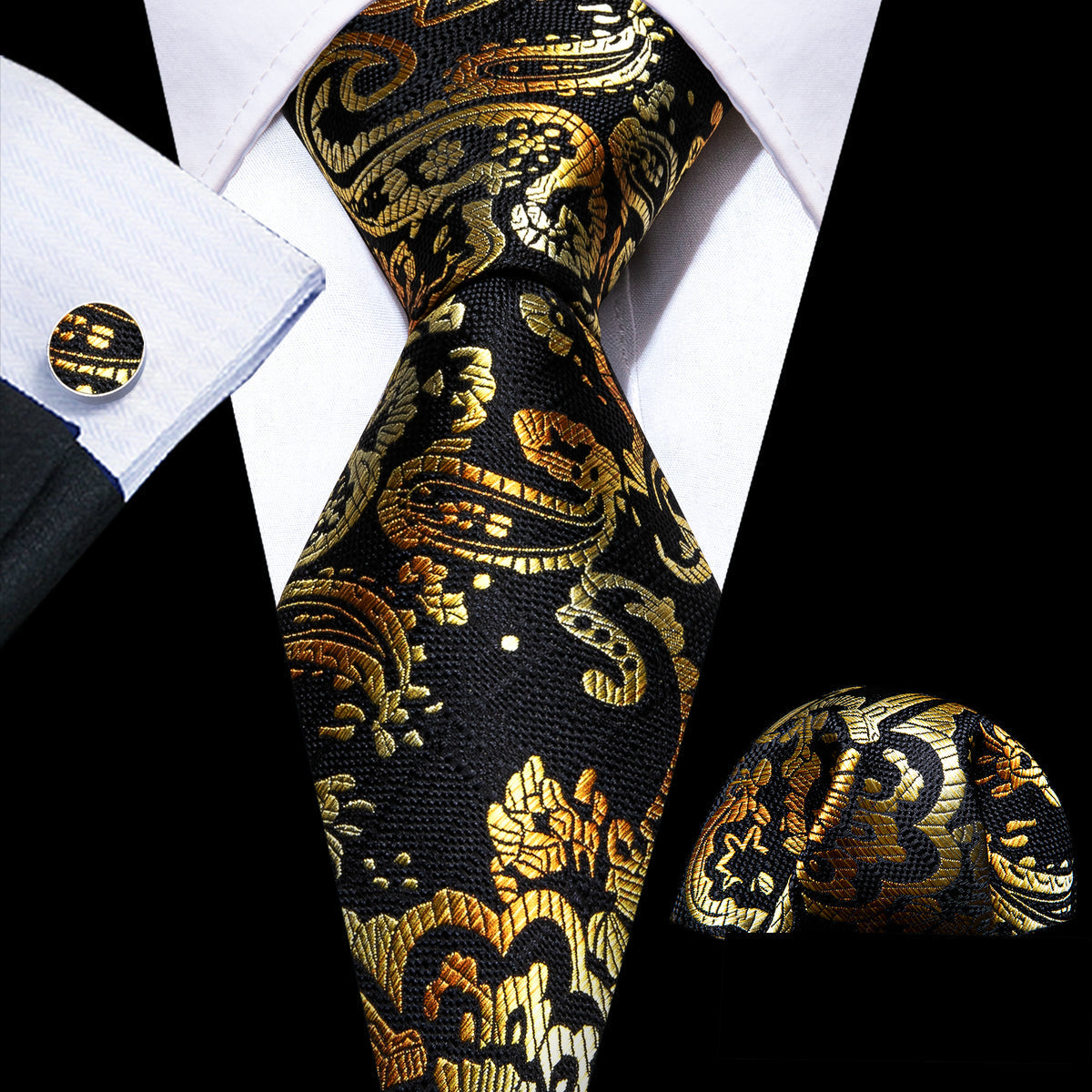 Black Gold Paisley Tie, Pocket Square and Cufflinks Set tie sets    - Sophisticated Gentlemen