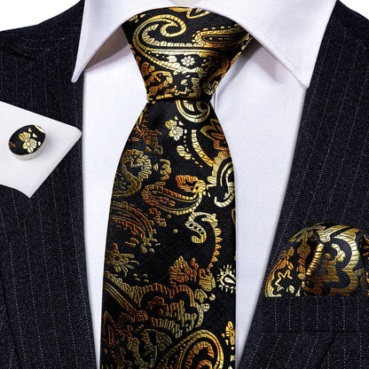 Black Gold Paisley Tie, Pocket Square and Cufflinks Set tie sets    - Sophisticated Gentlemen