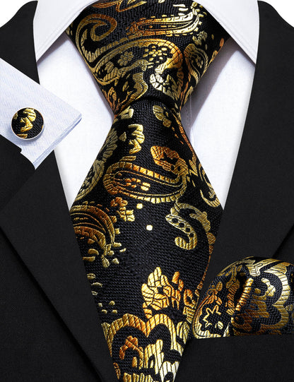Black Gold Paisley Tie, Pocket Square and Cufflinks Set tie sets    - Sophisticated Gentlemen