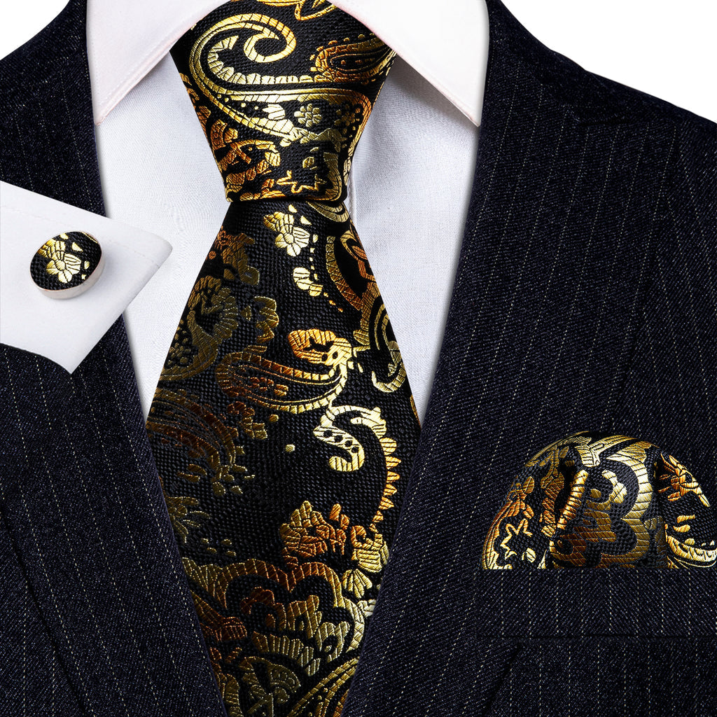 Black Gold Paisley Tie, Pocket Square and Cufflinks Set tie sets    - Sophisticated Gentlemen
