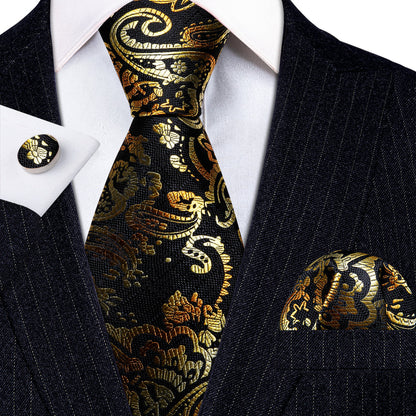 Black Gold Paisley Tie, Pocket Square and Cufflinks Set tie sets    - Sophisticated Gentlemen