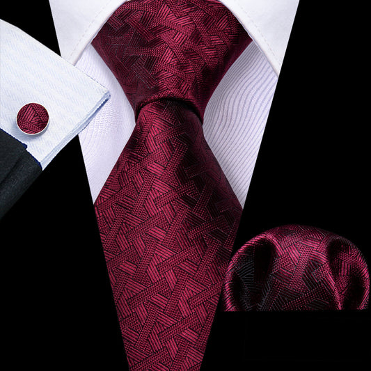 Red Burgundy Geometry Tie, Pocket Square and Cufflinks Set tie sets    - Sophisticated Gentlemen