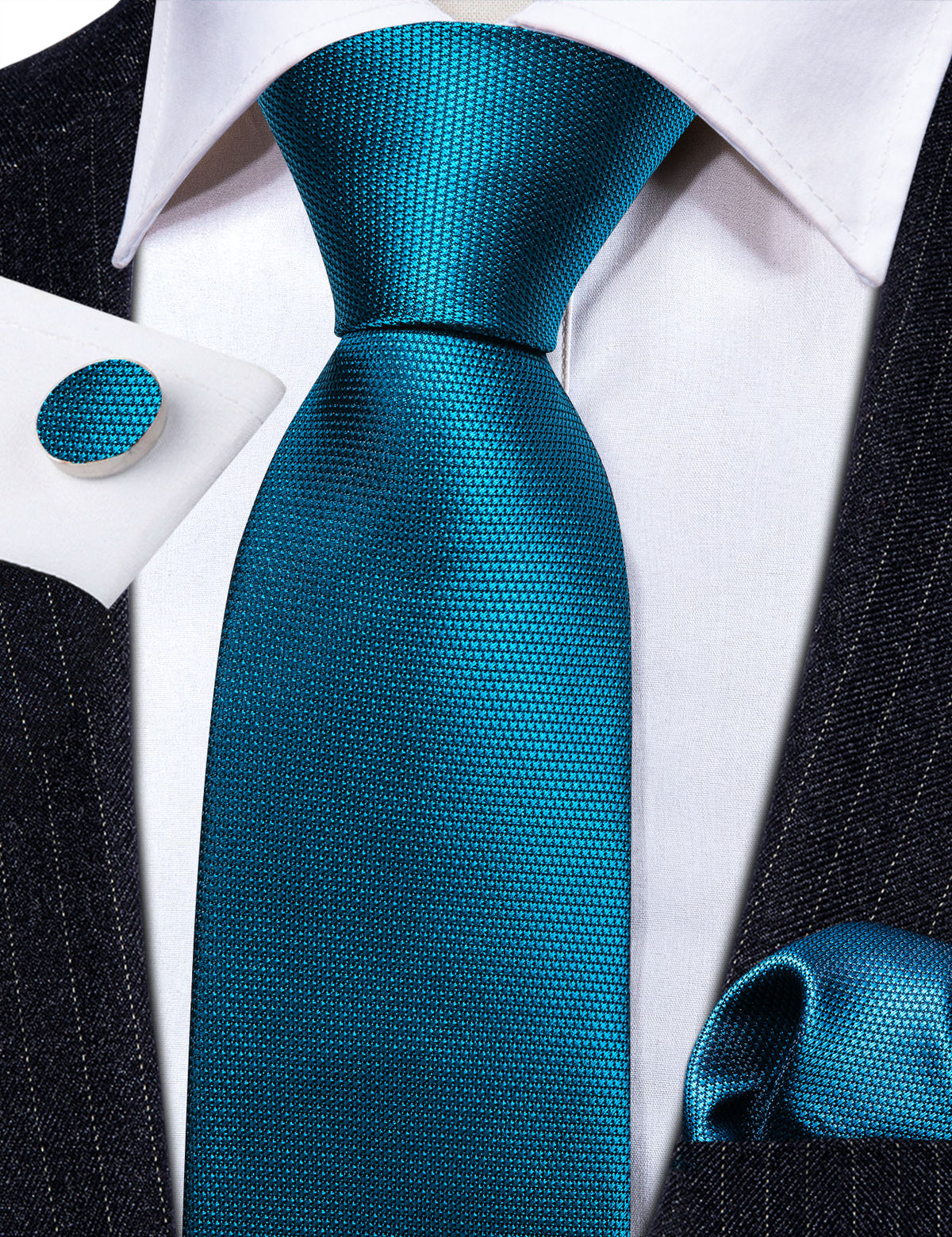 Teal Blue Sky Solid Silk Tie, Pocket Square and Cufflinks Set tie sets    - Sophisticated Gentlemen
