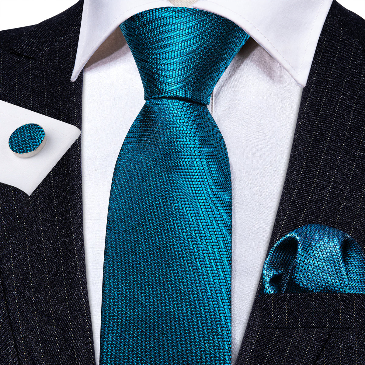 Teal Blue Sky Solid Silk Tie, Pocket Square and Cufflinks Set tie sets    - Sophisticated Gentlemen