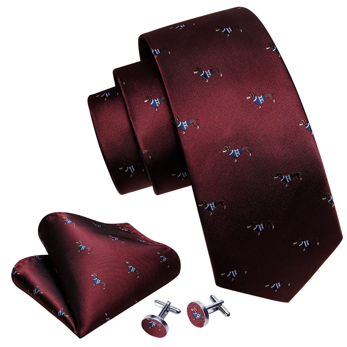 Burgundy Red Brown Dog Print Silk Tie, Pocket Square and Cufflinks Set tie sets    - Sophisticated Gentlemen