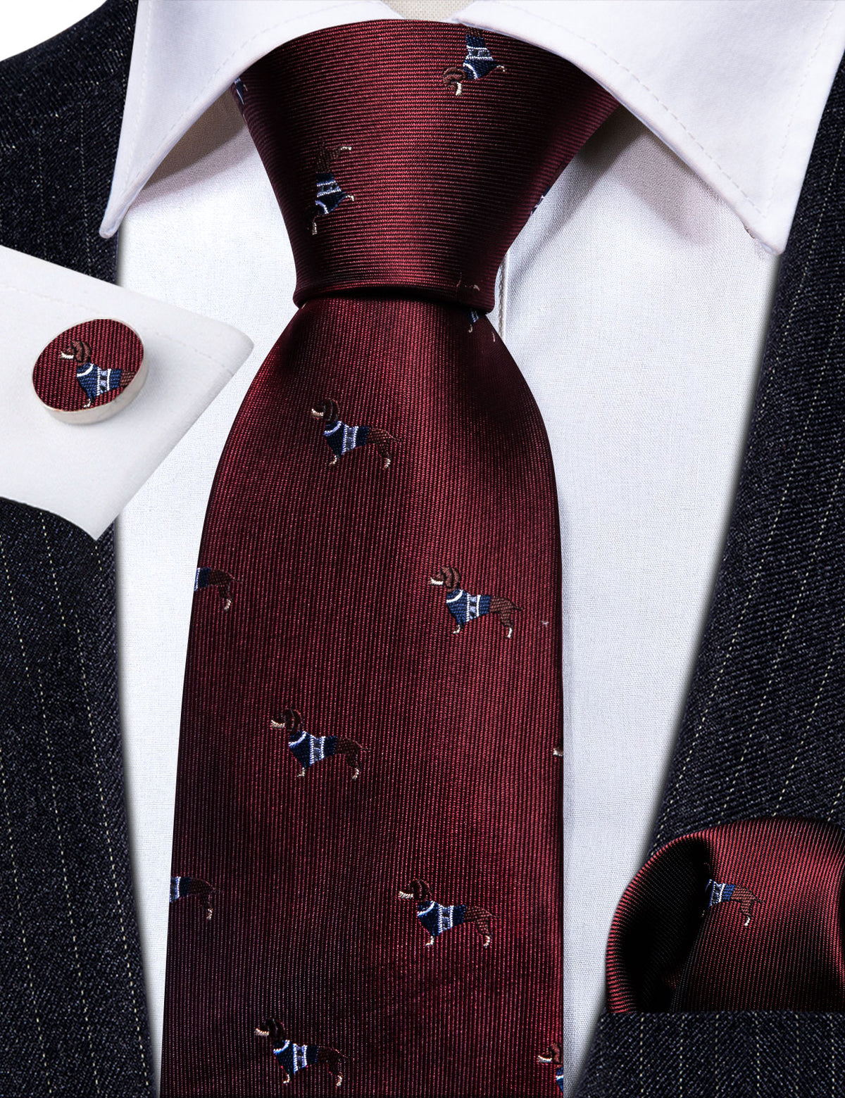 Burgundy Red Brown Dog Print Silk Tie, Pocket Square and Cufflinks Set tie sets    - Sophisticated Gentlemen