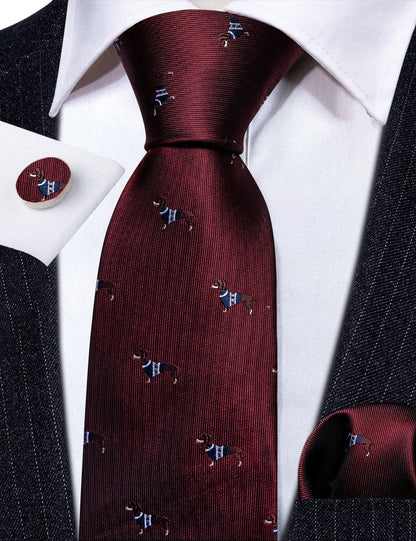 Burgundy Red Brown Dog Print Silk Tie, Pocket Square and Cufflinks Set tie sets    - Sophisticated Gentlemen