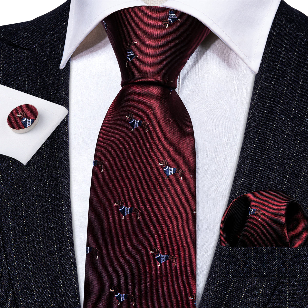 Burgundy Red Brown Dog Print Silk Tie, Pocket Square and Cufflinks Set tie sets    - Sophisticated Gentlemen