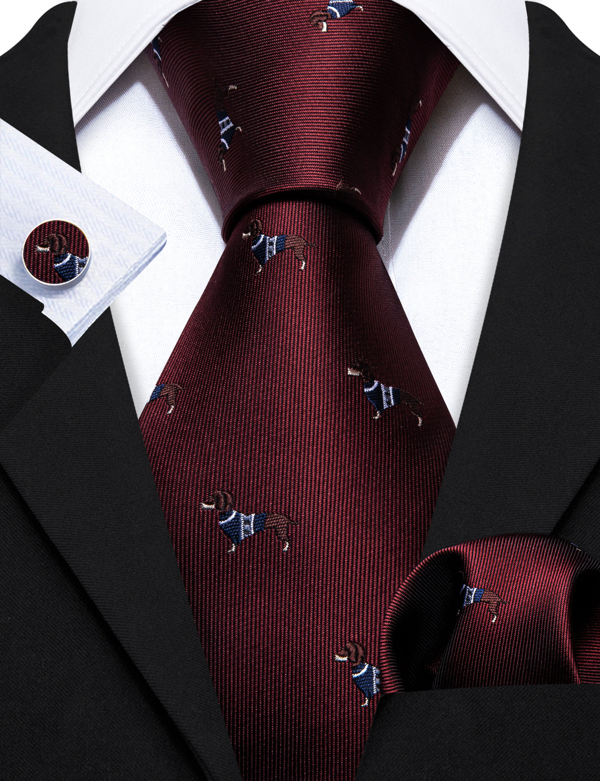 Burgundy Red Brown Dog Print Silk Tie, Pocket Square and Cufflinks Set tie sets    - Sophisticated Gentlemen