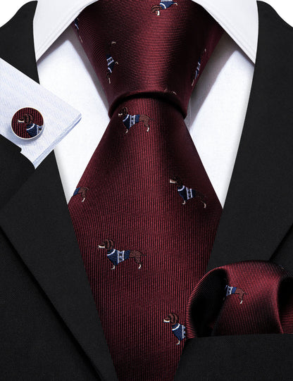 Burgundy Red Brown Dog Print Silk Tie, Pocket Square and Cufflinks Set tie sets    - Sophisticated Gentlemen